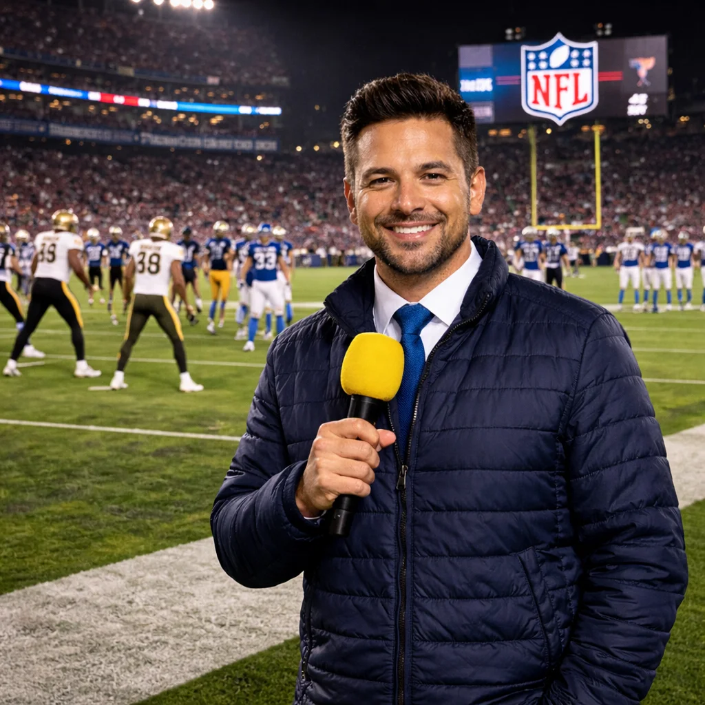 Reportero cubriendo partido de fútbol americano en transmisión de TV en vivo con Thunder TV